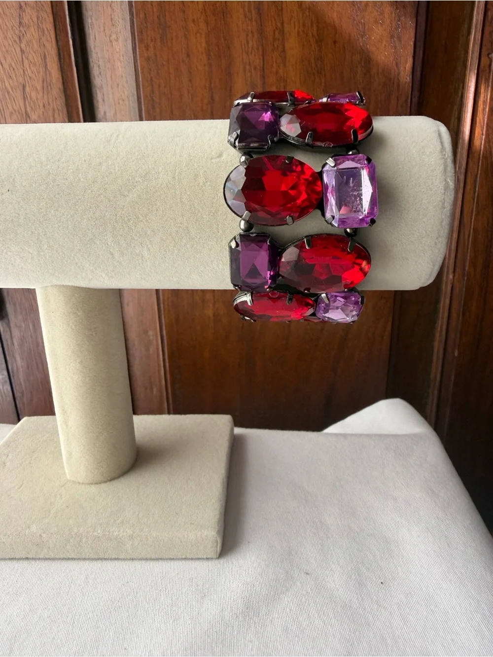 Red Purple Faceted Crystal Statement Stretch Bracelet Chunky Oversized